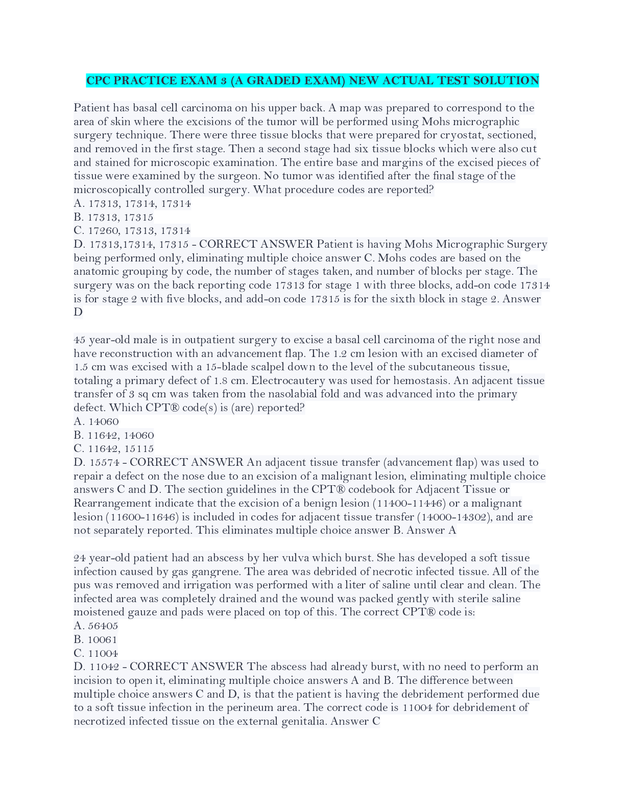 Preview image for CPC PRACTICE EXAM 3 (A GRADED EXAM) NEW ACTUAL TEST SOLUTION 2022